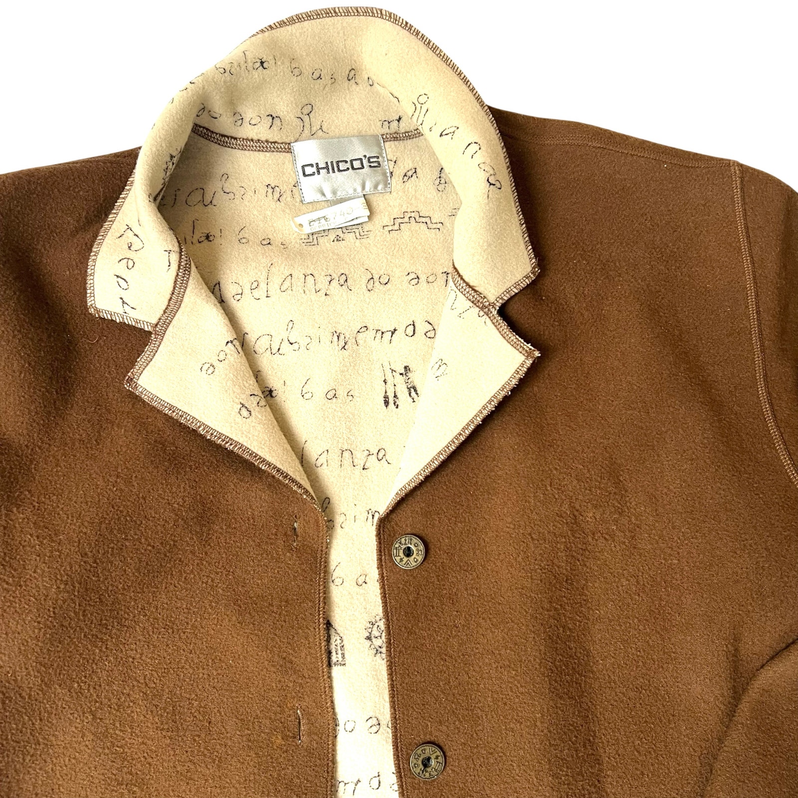 Chico’s Wool Blend Button Jacket Hieroglyphic Print Lining Brown Size 1 (M)
